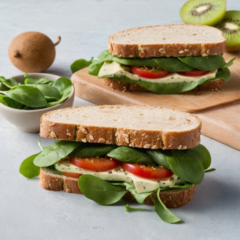 Zdrowe kanapki z pełnoziarnistego chleba z serem ziołowym, plastrami pomidora i świeżym szpinakiem, podane na drewnianej desce, w tle kiwi i miseczka szpinaku - menopauza